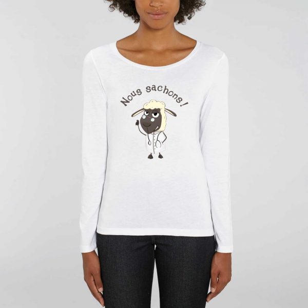 T-shirt Femme Bio à Manches Longues humour complotiste mouton nous sachons