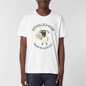 T-shirt Unigenre Bio humour complotiste réveillez-vous bande de moutons