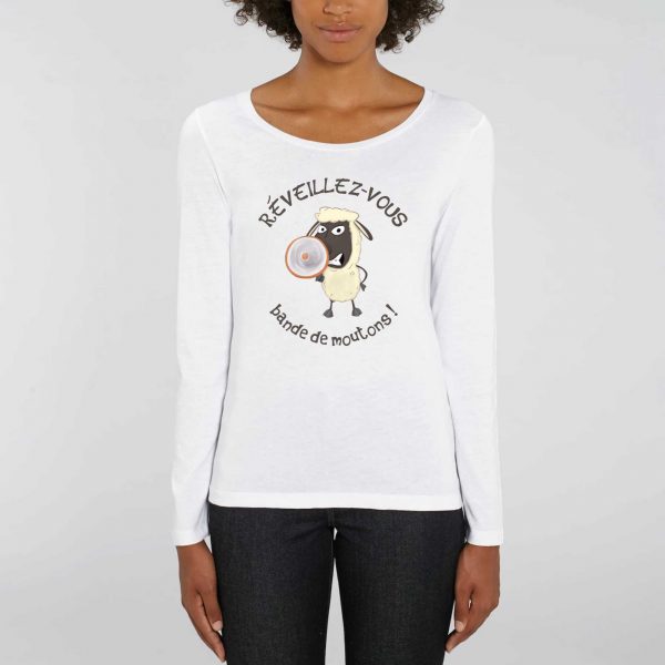 T-shirt Femme Bio à Manches Longues humour complot réveillez-vous bande de moutons