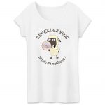 T-shirt Femme Bio blanc Mouton Réveil humour complot réveillez-vous bande de moutons