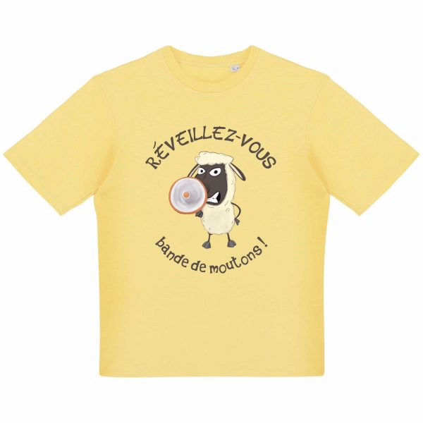 T-shirt Unigenre Bio Oversize humour complotiste réveillez-vous bande de moutons