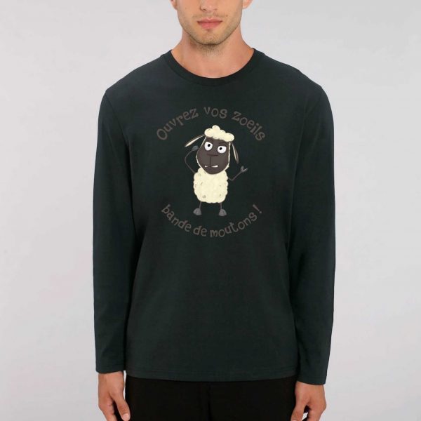 T-shirt Homme Bio à Manches Longues humour conspiration ouvrez vos zoeils bande de moutons