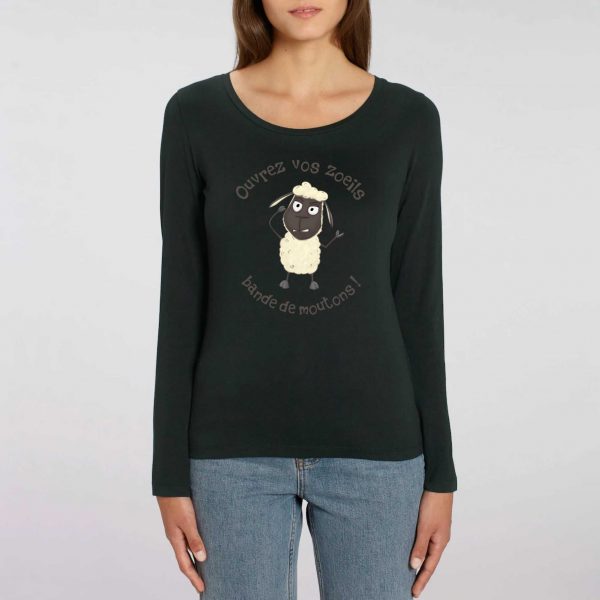 T-shirt Femme Bio à Manches Longues humour conspiration ouvrez vos zoeils bande de moutons