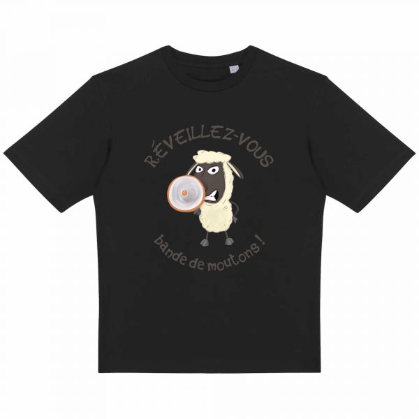 T-shirt Unigenre Bio Oversize humour complotiste réveillez-vous bande de moutons