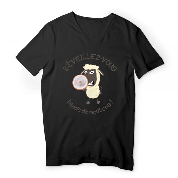 T-shirt Homme Col V Bio humour complot réveillez-vous bande de moutons