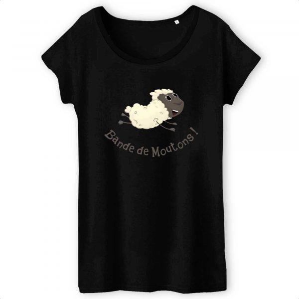 T-shirt Femme Bio noir Mouton humour bande de moutons