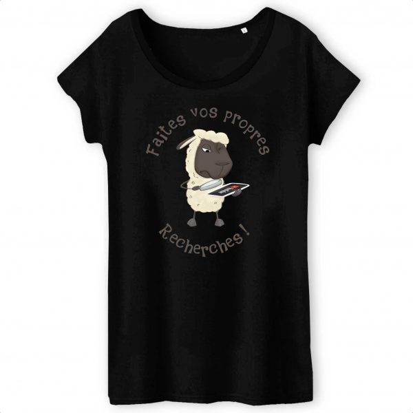 T-shirt Femme Bio noir Mouton Chercheur humour mouton faites vos propres recherches